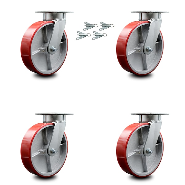 8 Inch Kingpinless Red Poly on Steel Wheel Swivel Caster Set with Swivel Lock